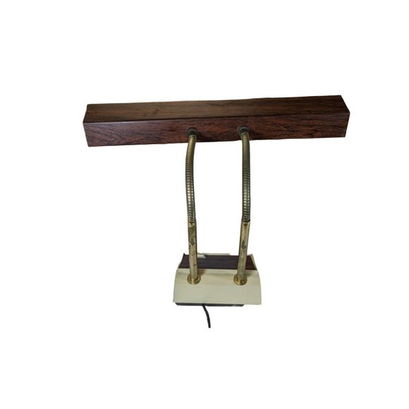TENSOR Double Gooseneck Desk Lamp Brass Toned Vtg Mid Century Modern Wood Grain - Picture 4 of 9